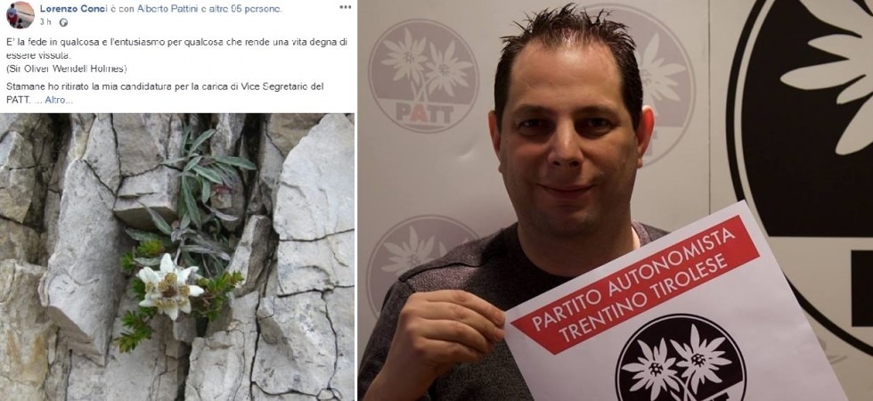 Foto tratte da Facebook Vicesegreteria del Patt, Lorenzo Conci ritira la sua candidatura: Per favorire la rappresentanza femminile''